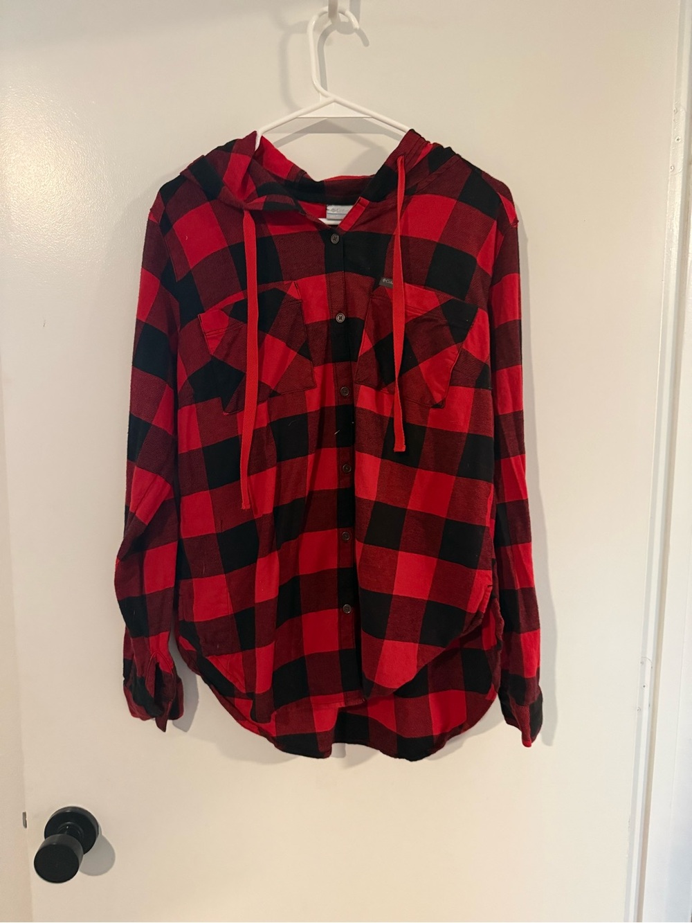 Columbia Red and Black Buffalo Plaid Hooded Flannel Shirt Size M
